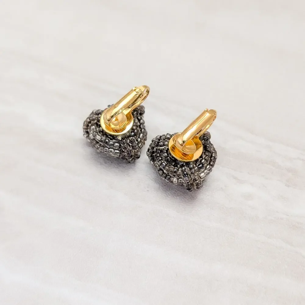 Vintage Clip On Earrings Grey Beaded Stylish Design Statement Earrings